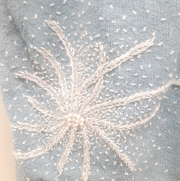 Vintage 1950's/60's BLUE WOOL KNIT Pearl Beaded Sweater Blouse Top - Picture 6 of 10